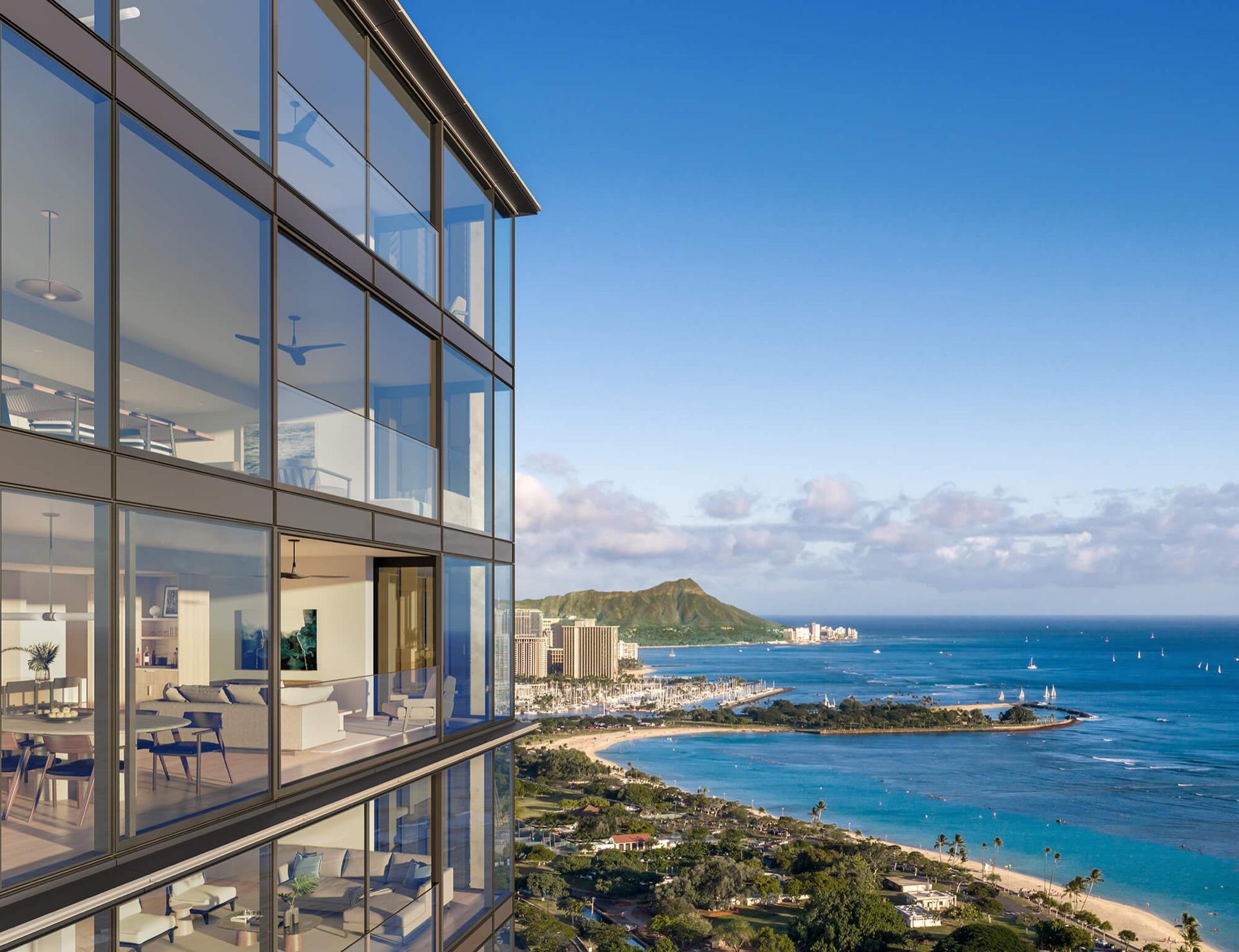 Glass tower above Ala Moana Beach Park with Diamond Head beyond