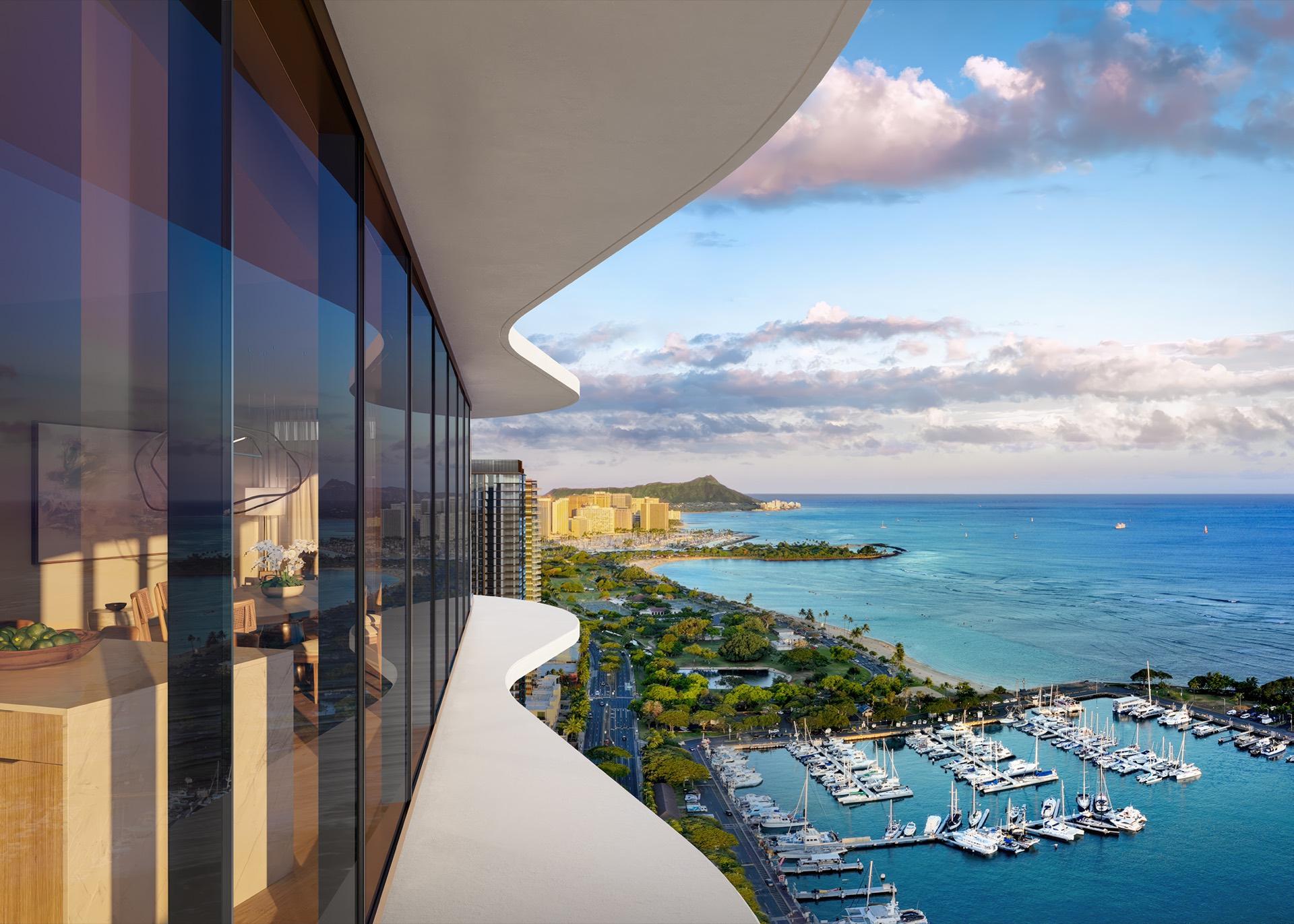 Lānaʻi view over Ala Moana Beach Park and Diamond Head at dusk