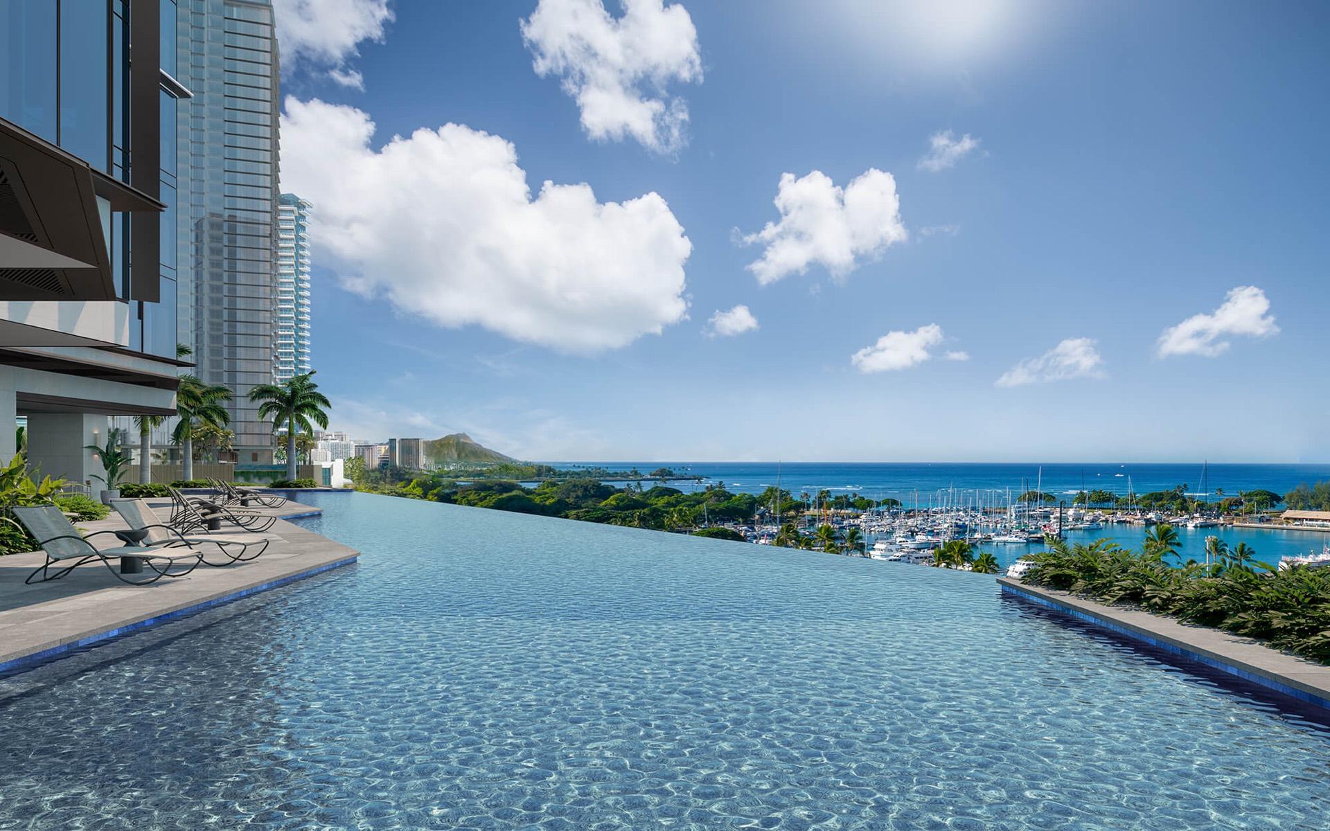 Resort pool with harbor views (rendering)